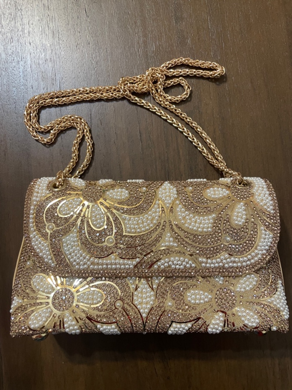 Gold Pearl-Embellished Floral Evening Clutch with Chain